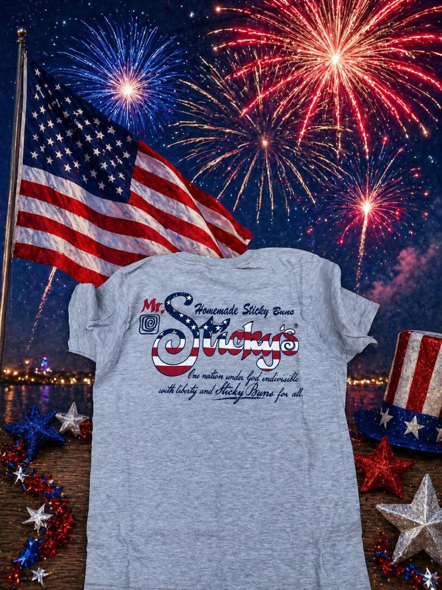 mr_stickys's tweet photo. Pick up your patriotic Mr. Sticky's shirt this week at the Jersey Shore Town Meeting or Northumberland's Pineknotter Days! #mrstickys #4thofjuly #celebration #stickybuns https://t.co/8wfpm3nX6d