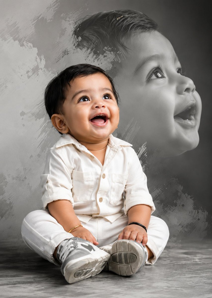 Zarnab_with_Ai's tweet photo. Made with GPT image.2 on ChatGP image prompt 👇 

-realistic professional studio portrait of an adorable 1–2-year-old South Asian baby boy sitting on a textured gray studio floor with a joyful open-mouth smile, looking slightly upward with bright expressive dark brown eyes. He has short black hair, soft glowing skin, chubby cheeks, and a naturally happy expression. He is wearing a cream-white linen button-up shirt with rolled sleeves, matching white trousers, and gray-and-white sneakers. A simple black thread bracelet and a thin gold bracelet add subtle elegance.
Behind him is a large monochrome artistic double-exposure portrait of the same baby, softly blended into a textured gray background with painterly brush-stroke effects. The oversized grayscale face looks upward with the same joyful expression, creating a dramatic fine-art composition.
Soft diffused studio lighting, premium fine-art photography, ultra-sharp facial details, natural skin texture, shallow depth of field, elegant gray backdrop, high-end portrait retouching, Canon EOS R5, 85mm lens, f/1.8, HDR, 8K, masterpiece quality, photorealistic, luxury children's portrait.