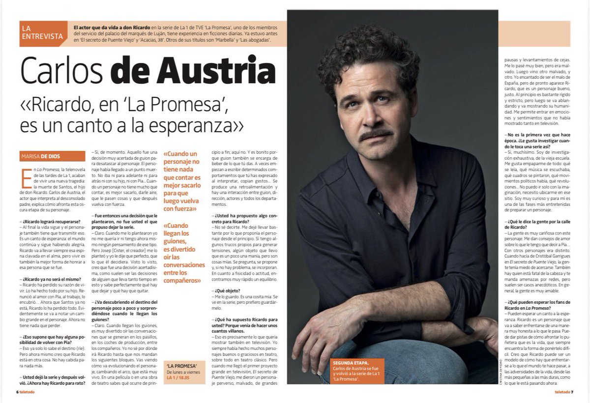 GranViaComunica's tweet photo. . @VeronicaReche
Entrevista a #CarlosDeAustria en #TeleTodo (@elperiodico), sobre su personaje en #LaPromesa.
“Ricardo, en “La Promesa” es un canto a la esperanza”
#CarlosdeAustria #entrevista https://t.co/F2Fsp2PJtV
