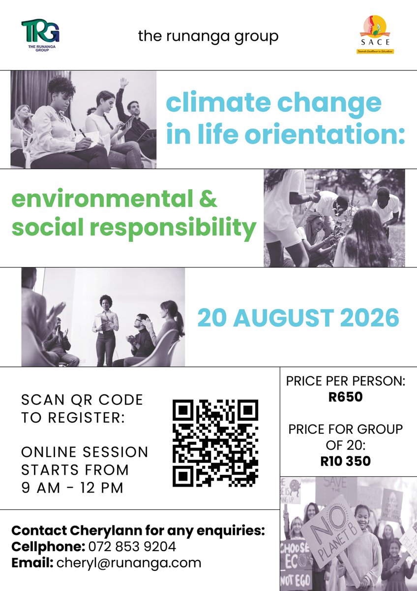 Runangagroup's tweet photo. #CPDT #ClimateEducation and #leadershipdevelopment 15 CPD Points 20August 2026 Online
#SACE #Environmentalsa #TeacherSA #CPDT https://t.co/qxBw5ak5tY