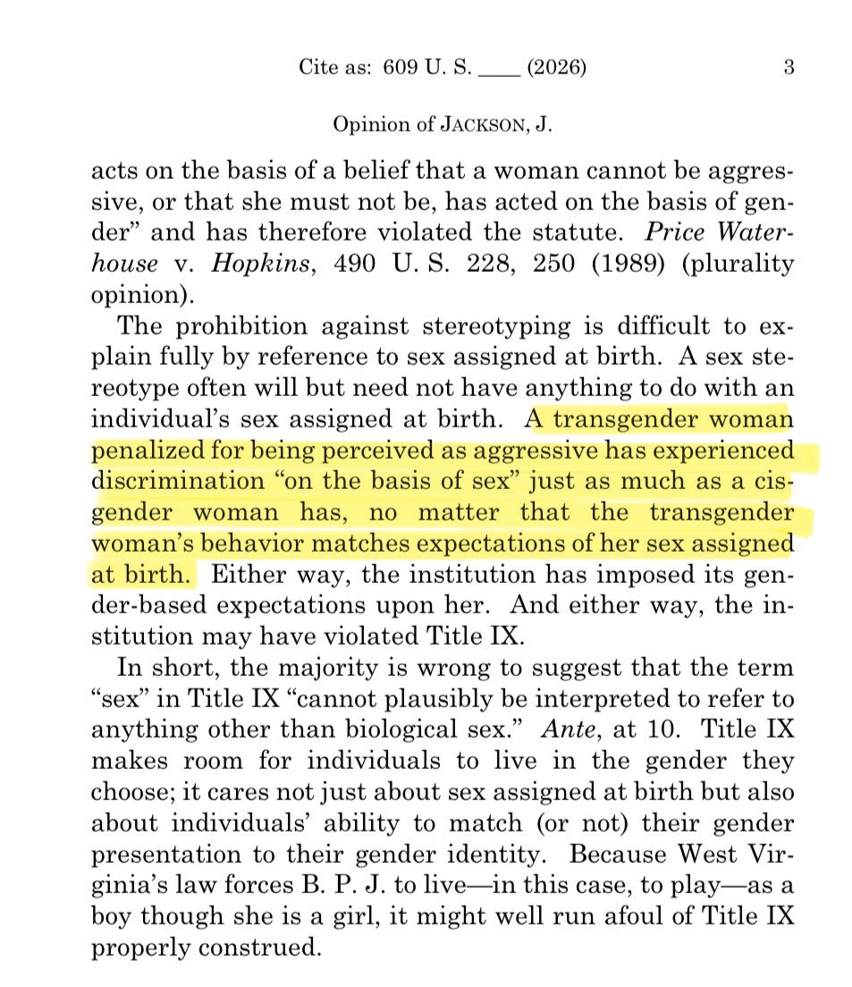 ginamilan_'s tweet photo. Ketanji Brown Jackson: “A transgender woman penalized for being perceived as aggressive has experienced discrimination "on the basis of sex" just as much as a cisgender woman has, no matter that the transgender woman's behavior matches expectations of her sex assigned at birth.”

She’s actually INSANE.
