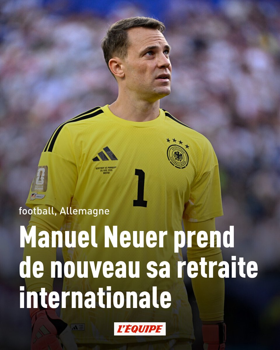 lequipe's tweet photo. Après l'élimination en Coupe du monde contre le Paraguay, le gardien Allemand Manuel Neuer prend de nouveau sa retraite internationale

➡️ https://t.co/QERO9YHt6q https://t.co/yFLFjjR5fC