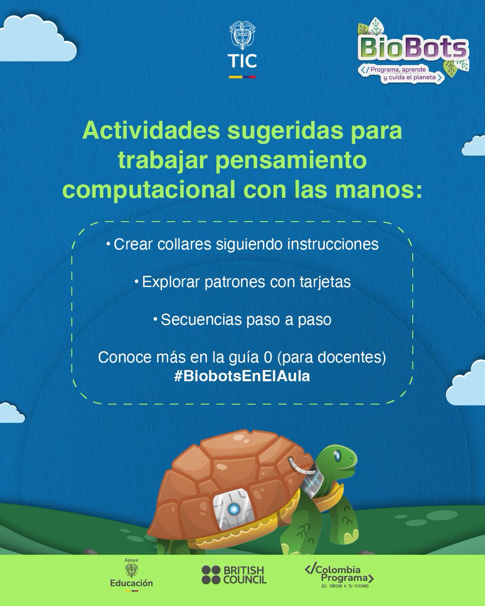 cobritish's tweet photo. Profe, ¿pensamiento computacional sin computadores? Sí, se puede.

Te invitamos a usar la Guía 0 (material docente) para actividades desconectadas con:
🟡 Tarjetas y materiales físicos
🟡 Pulseras y collares con patrones
🟡 Secuencias paso a paso

Ellos aprenden abstracción y algoritmos mientras juegan y crean.
https://t.co/QukToe3c6h