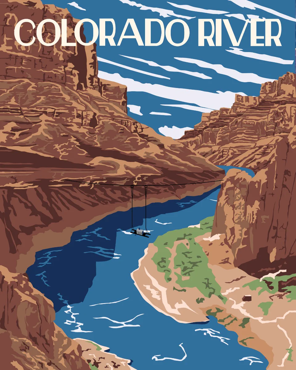 Vintage-style poster of the Colorado River with a USGS water quality monitor portrayed on pulleys across the canyon. Illustration by Althea A. Archer, USGS 