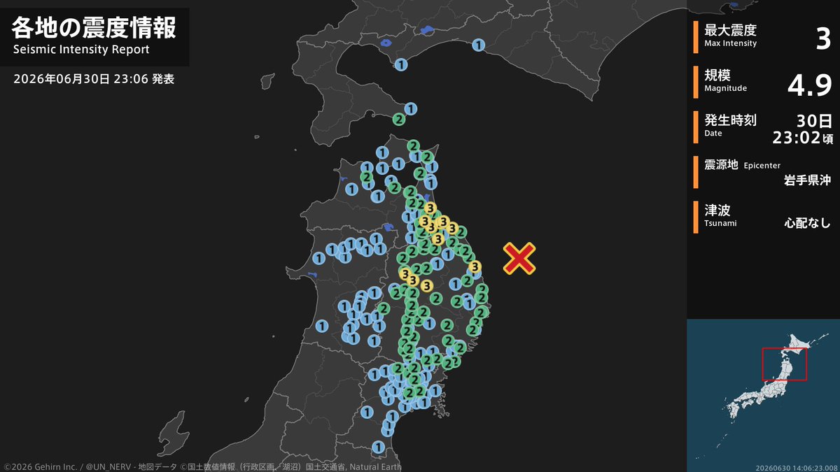 UN_NERV's tweet photo. 【各地の震度 2026年6月30日】
震度3：
［青森県］八戸市湊町、八戸市内丸、三沢市桜町、五戸町古舘、青森南部町苫米地、階上町道仏
［岩手県］普代村銅屋、盛岡市薮川、盛岡市渋民、八幡平市田頭、軽米町軽米 https://t.co/kr0zpAlZ0A
