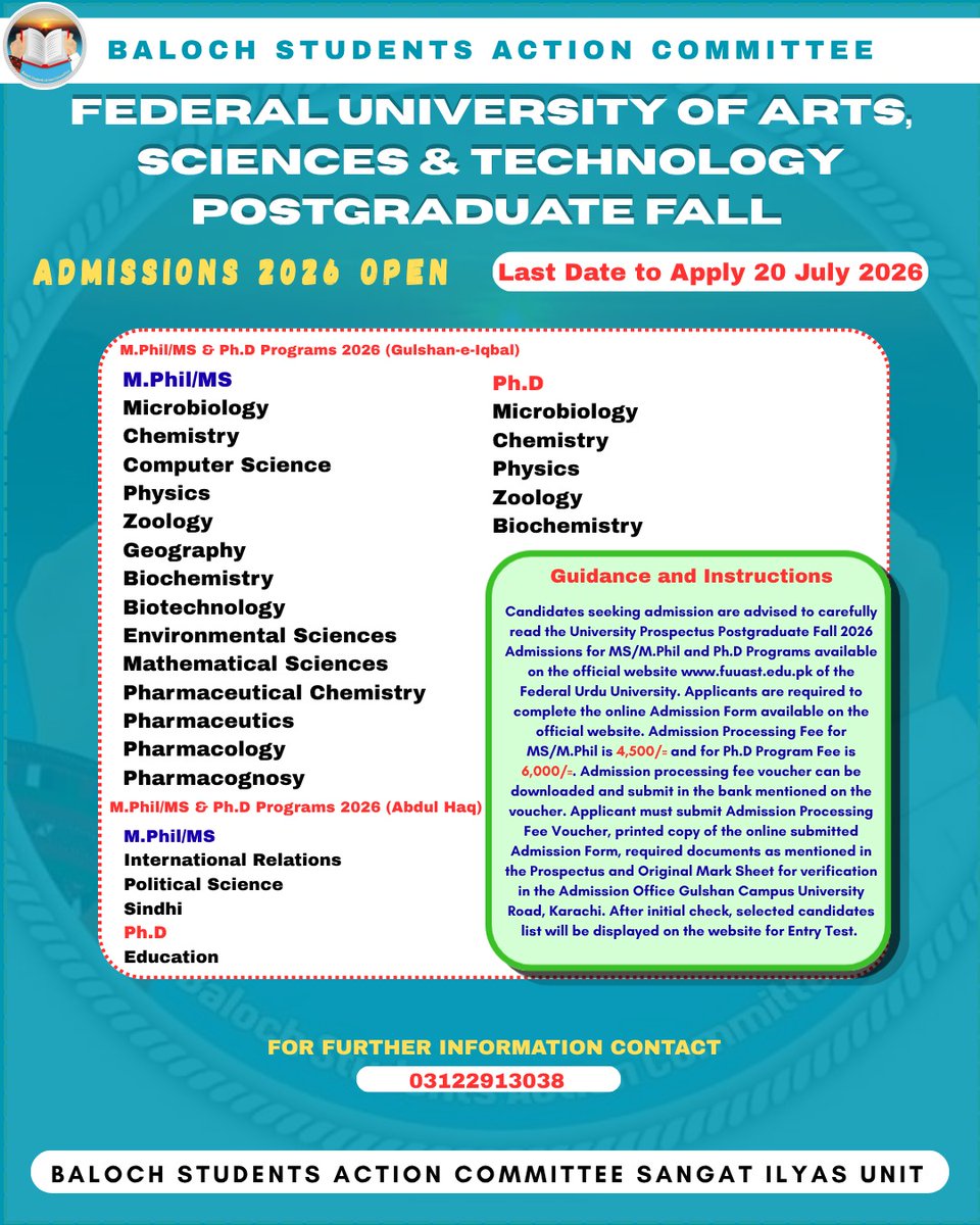 BsacKarachi's tweet photo. https://t.co/02AUmS7bLt
Federal University of Arts, Sciences &amp; Technology Postgraduate Fall
Admissions 2026 Open - Last Date to Apply 20 July, 2026
 M.Phil/MS &amp; Ph.D Programs 2026 (Gulshan-e-Iqbal) https://t.co/c93g8Xrk7g