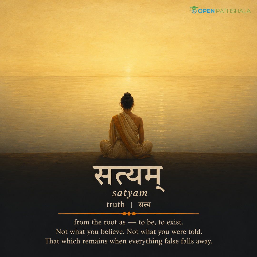 OpenPathshala's tweet photo. सत्यं शिवं सुन्दरम् ।
satyaṃ śivaṃ sundaram

You have seen these three words your whole life. On school walls. On government buildings. In speeches and on award citations. Most of us nod at them and move on, assuming they mean something vaguely noble - "truth, goodness, beauty."

But each word carries a precise meaning that the translation flattens.

सत्यम् (satyam) comes from the root as - to be. Sat means "that which is." Truth, in Sanskrit, is not an opinion you hold or a fact you can prove. It is simply that which actually exists, when everything false has fallen away. Not what you believe. What is.

शिवम् (śivam) here does not mean Lord Shiva the deity. It means "that which is auspicious" - that which is good for all beings, that which lets everything rest in peace. Truth on its own can be harsh, even cruel. Śivam is truth that blesses rather than wounds.

सुन्दरम् (sundaram) does not mean decoration or prettiness. It means "that which is complete" - that which has become fully, perfectly itself, with nothing missing and nothing forced. A lotus is beautiful because it is completely lotus. A thing is sundaram when it is wholly what it is.

And here is the part most people are never told: these are not three separate ideals you should aspire to. They are three faces of one single reality. That which truly IS is also that which blesses, and that which is complete in itself. The real, the good, and the beautiful are not three goals. They are the same thing, seen from three sides.

This is what Sanskrit does. It carries entire philosophies inside words we walk past every day without a second glance.

#Sanskrit #LearnSanskrit #SatyamShivamSundaram #Vedanta #IndianPhilosophy #VedicWisdom #OpenPathshala #SanskritWords #Truth #Beauty #SanskritShloka #SanskritLearning #IndianKnowledge #IKS #Spirituality