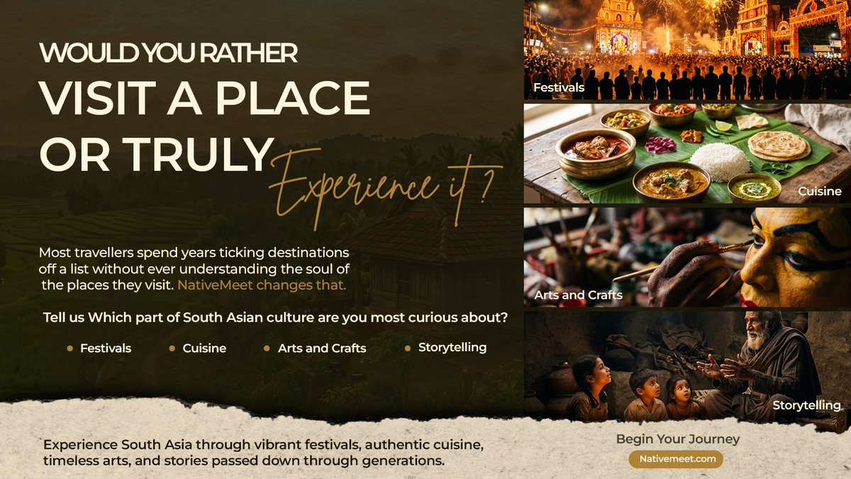 nativemeet_in's tweet photo. Tell us in the comments: Which part of South Asian culture are you most curious about?
🅰️ Festivals 🎊
🅱️ Cuisine 🍛
🅲️ Arts &amp; Crafts 🎨
🅳️ Storytelling 📖
🌐 Explore more: https://t.co/CGDpZDmahS
#NativeMeet #SouthAsiaTravel #CulturalImmersion #TravelDeeper https://t.co/kxqi5SCXob