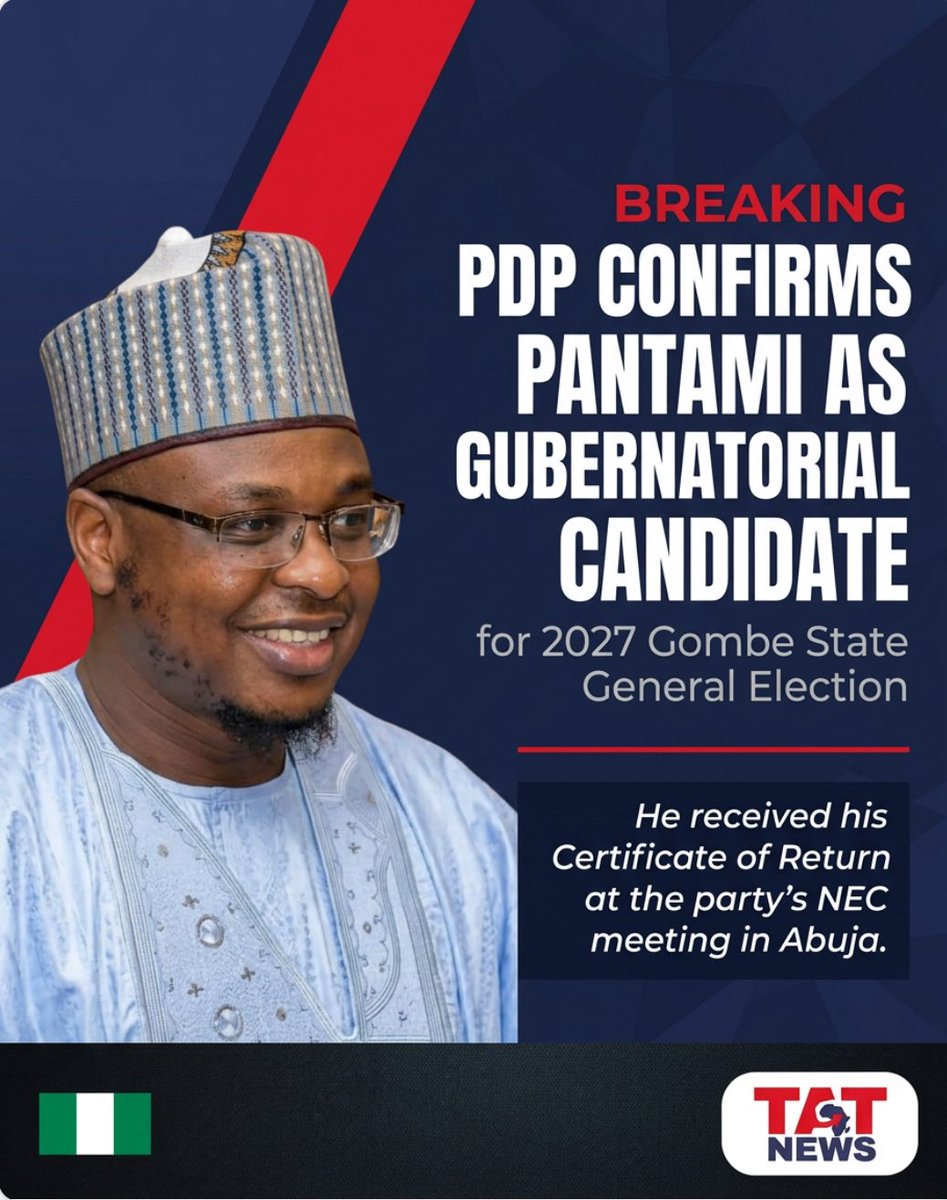 TATNews9's tweet photo. Reports has it that PDP has officially confirmed Prof. Isa Ali Pantami as its gubernatorial candidate for the 2027 general election in Gombe State. He received his Certificate of Return during the party's NEC meeting in Abuja.
#TATNews #transafricantabloid #africannationalists https://t.co/qiKqVTTNQu