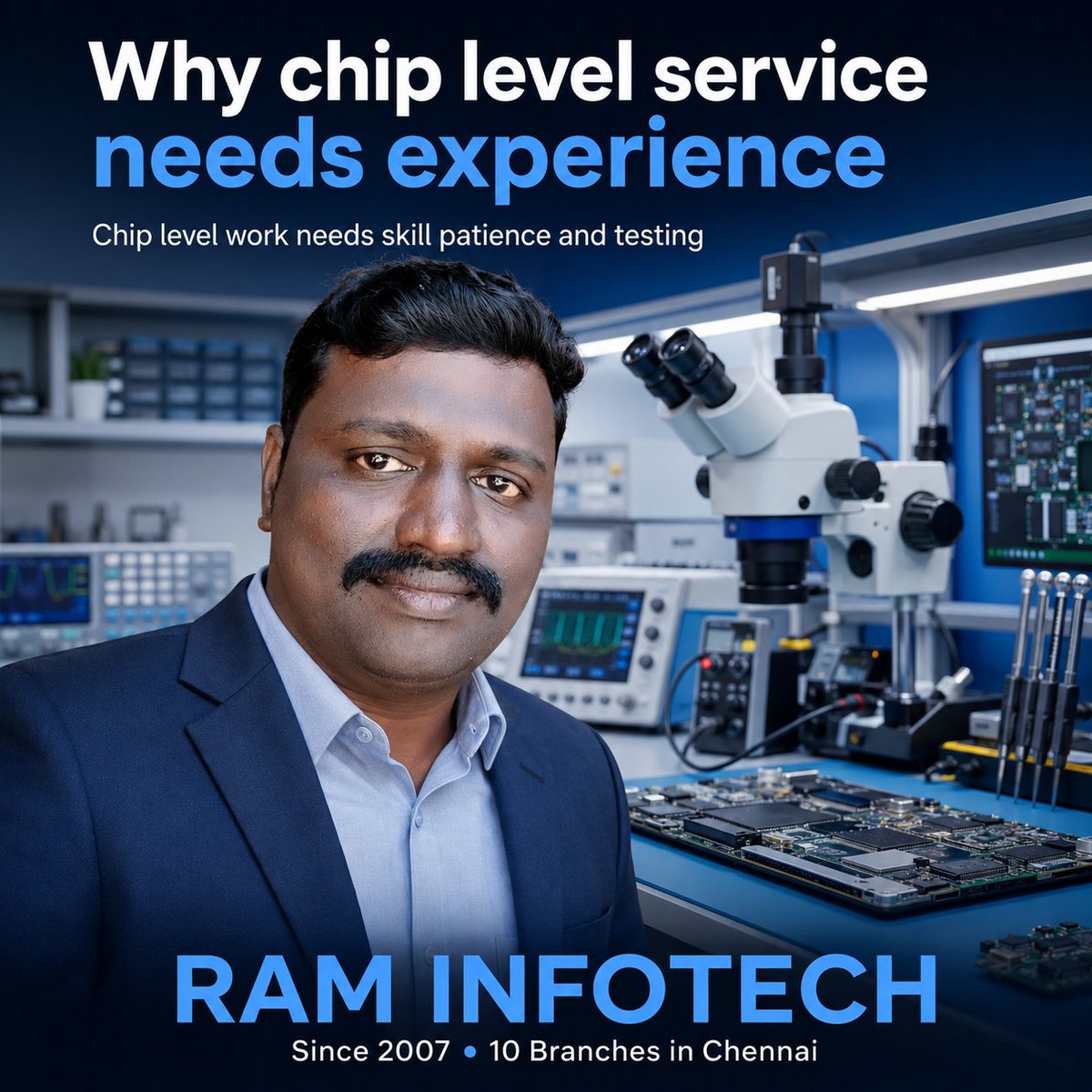 raminfotechsen2's tweet photo. Chip level service is an art of patience, skill, and testing. Experience makes all the difference in trust and quality. At RAM INFOTECH, we have been building this craft since 2007. #ChipLevelService #CustomerTrust #RAMINFOTECH #LaptopService https://t.co/xL059Uo7pi