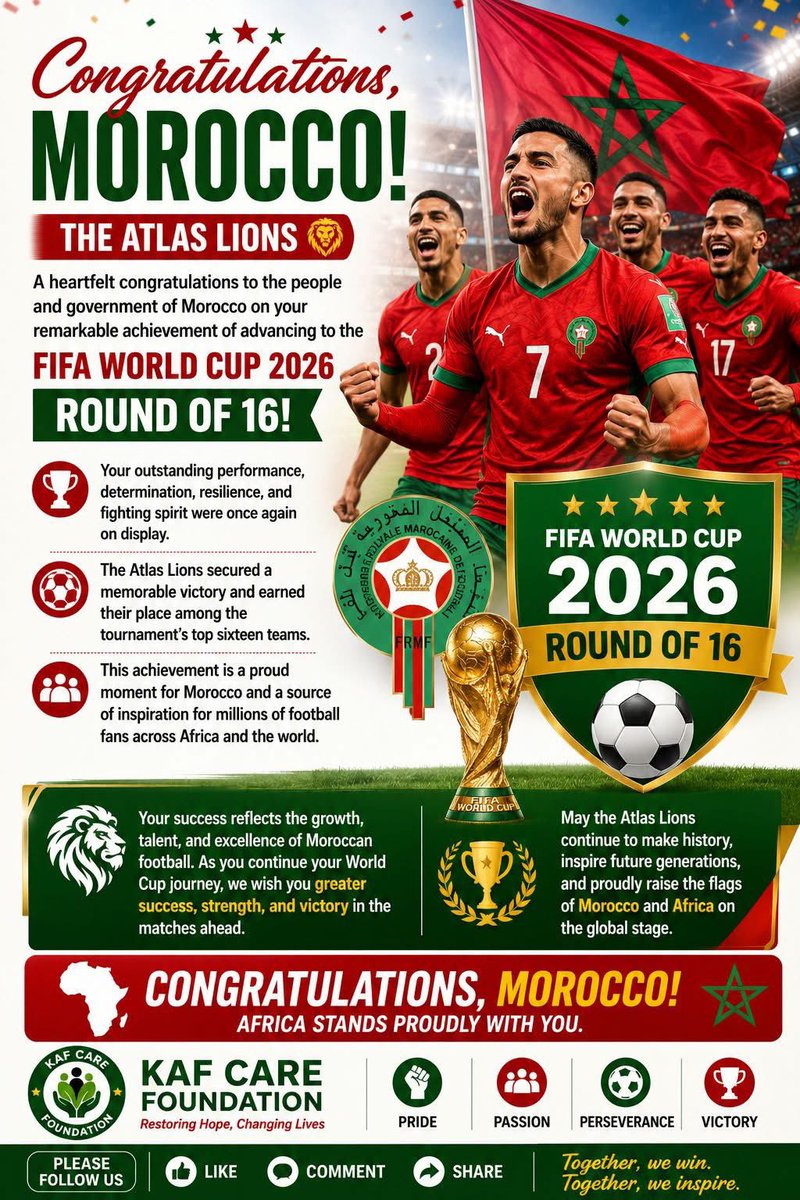 KafCare's tweet photo. 🏆 Congratulations, Morocco! 🇲🇦

A heartfelt congratulations to the people and government of Morocco on your remarkable achievement of advancing to the FIFA World Cup 2026 Round of 16. https://t.co/XXtD4FdHWF