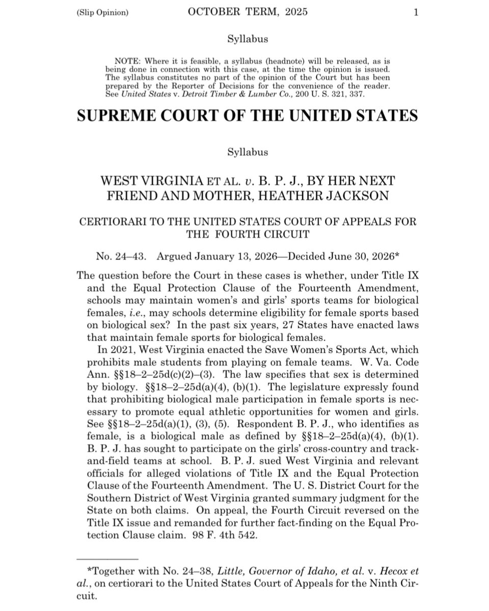 bennyjohnson's tweet photo. BREAKING: U.S. Supreme Court Upholds Ban on Biological Boys in Girls' Sports https://t.co/kxYNlJ9f18