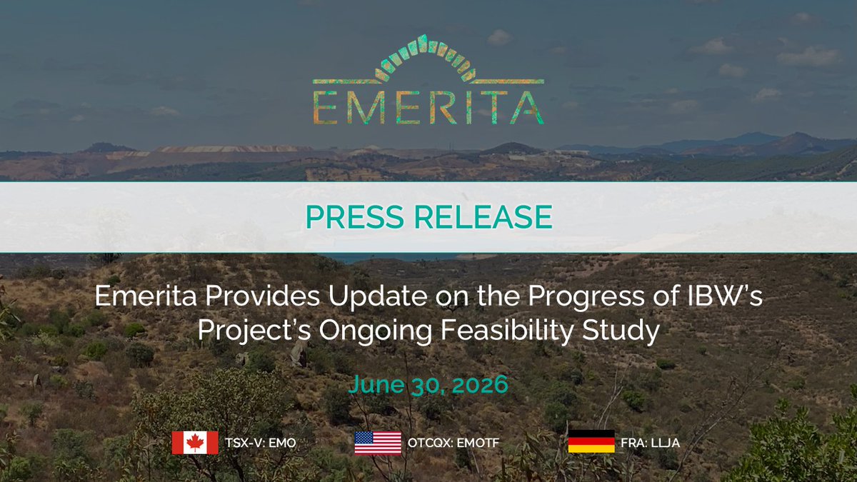 EmeritaRes's tweet photo. $EMO.V 
Emerita Provides Update on the Progress of IBW Project's Ongoing Prefeasibility Study.

The Company now expects to publish the results of the PFS during the third quarter of 2026. Several positive opportunities have been identified that warranted further evaluation and additional metallurgical test work. The bulk of the PFS design work is complete, including the underground mine design.

https://t.co/vof02PNTsP

#mining #copper #zinc #silver #gold #news #pressrelease #spain #toronto #canada #TSXV