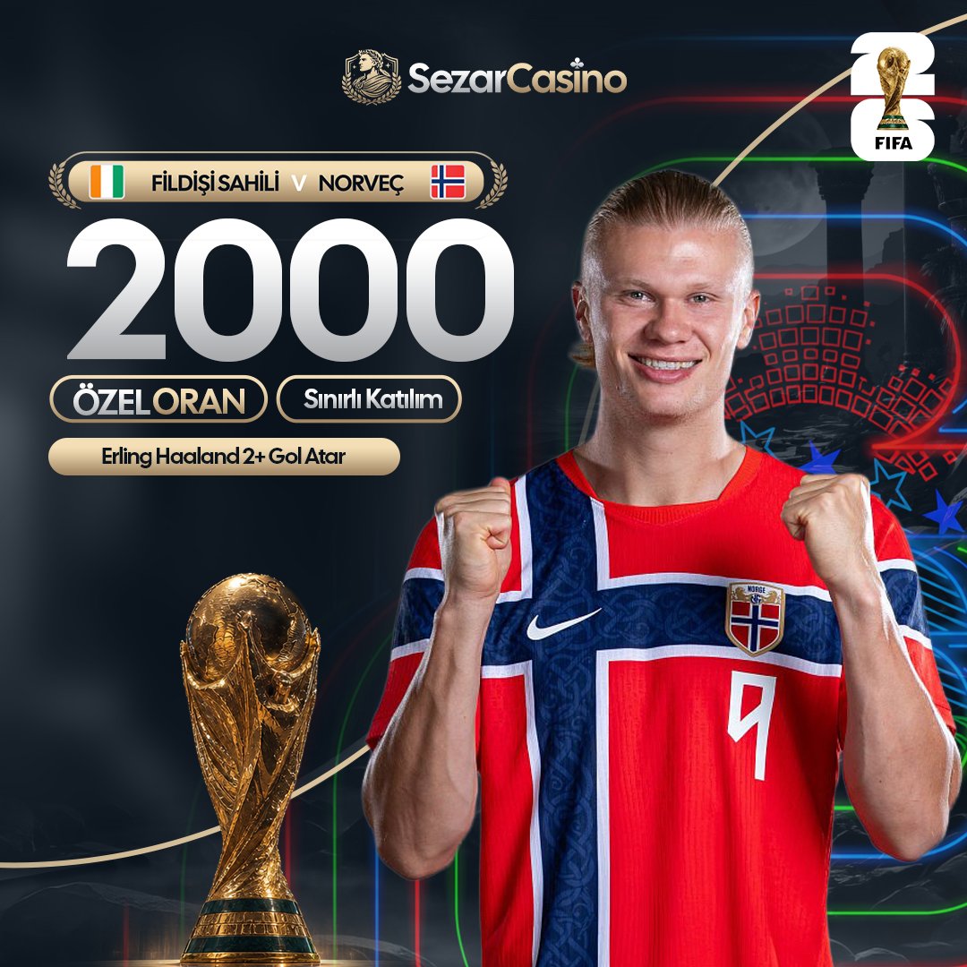 sezargiris's tweet photo. 🚨DİKKAT 2000 ÖZEL ORAN UYARISI!

🇨🇮Fildişi Sahili X 🇳🇴Norveç

🏆 Bahis: Erling Haland +2 Gol Atar!

👑Maksimum Bahis Tutarı 1₺

🚀Dünya Kupası Müsabakasına Özel 2026 Oran Sezar Casino'da Seni Bekliyor!

🔗https://t.co/XzqOHnfJ8f https://t.co/DIWRX8ni7P