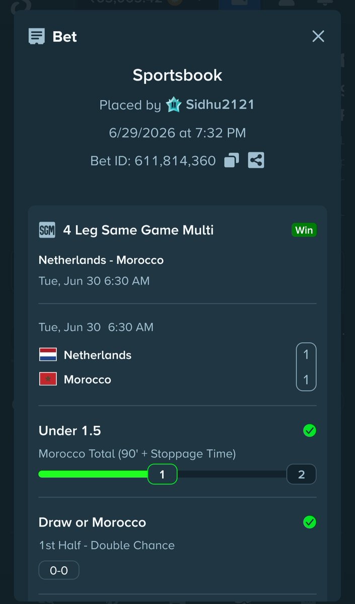 Sidhu2100's tweet photo. @StakeIND FIFA World Cup 2026 Same Game Multi HIT! π―
Bet ID: sport:611814360 π
Another winning multi! π
#WorldCup2026 #StakeIND https://t.co/S9lG4T4k6u