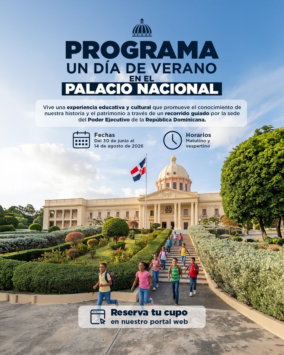 maprerd's tweet photo. 📍 Este verano, descubre la historia desde el corazón de nuestra democracia.

Participa en "Un día de verano en el Palacio Nacional", un recorrido histórico-cultural diseñado para que estudiantes, instituciones y familias conozcan de cerca el patrimonio y la historia de RD. https://t.co/dZOBLyRLD1