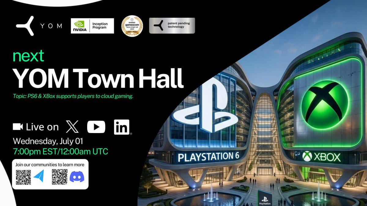 YOM_Official's tweet photo. YOM Town Hall Episode 78 is TOMORROW! 

Topic: PS6 & Xbox support players to cloud gaming 

We're breaking down what this means for the future of gaming and where decentralized cloud fits into it 

📅 Wednesday, July 01
⏰ 7:00PM EST / 12:00AM UTC
📺 Live on X, YouTube & LinkedIn

Don't miss it! 👇
