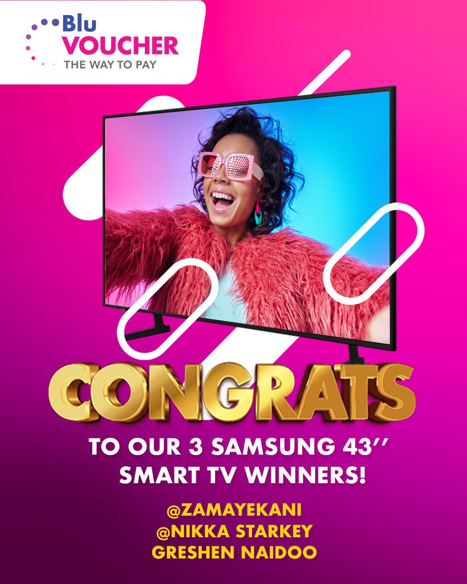 BluVoucher's tweet photo. The Big Blu Giveaway has come to an end, and wow did you show up for it. The thousands of comments, the movie picks, the tags, all of it. You made this one special.

After all the entries, the buzz and the build up, we are beyond thrilled to announce our THREE lucky winners walking away with a Samsung 43 inch Smart TV each.

Drumroll please.

Congratulations to:
@zamayekani
@Nikka Starkey
Greshen Naidoo

Your movie nights just got a serious upgrade. We cannot wait to see what you watch first.

To everyone who entered, thank you for being part of the fun. This is just the start. Keep following Blu Voucher because the next big one is already on its way, and you do not want to miss it.

COMMENT BELOW and let us know what exciting competition and prizes you would like for us to bring you next. We love hearing from you!

#BluVoucher #TheWayToPay