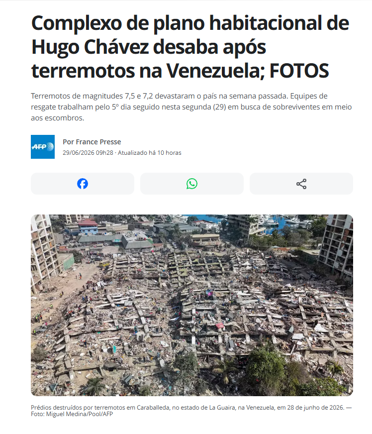 leandroruschel's tweet photo. Um terremoto não é só geologia. É um teste. E ele revela o que o Estado construiu, ou destruiu, antes do chão tremer.

Na Venezuela, o socialismo chavista foi reprovado da pior forma possível.

Dois terremotos em 24 de junho mataram mais de 1.700 pessoas, e o número ainda sobe. Mais de 40 mil desaparecidos, presumidamente mortos... Mas a conta não é só da natureza.

Prédios da "Misión Vivienda", a vitrine social do regime, desabaram em La Guaira. No meio dos escombros, a AFP achou madeira e espuma de poliuretano onde devia haver concreto. O Colégio de Engenheiros já alertava havia anos.

O socialismo prometeu moradia ao pobre. Entregou o túmulo dele.

Enquanto o povo cavava com as próprias mãos, o regime militarizou o luto e exigiu salvo-conduto para entrar na zona do desastre. O Estado que rastreia o WhatsApp do opositor não achou uma rua livre para a ambulância.

E não dá para esquecer a digital da esquerda brasileira nessa história.

O Foro de São Paulo, fundado por Lula e Fidel, articulou o projeto. Em 2005, o próprio Lula se gabou de ter ajudado a "consolidar" o chavismo. Mais de R$ 10 bilhões do contribuinte brasileiro foram despejados na narcoditadura. E os marqueteiros do Descondenado confessaram, em delação, que parte do dinheiro das obras voltou para pagar a campanha de Maduro.

Pagamos para erguer o regime que hoje deixa o próprio povo debaixo dos escombros.

Desastres vão acontecer sempre. A pergunta é o que eles encontram quando chegam. País sério limita o dano. País destruído pelo totalitarismo transforma tragédia em massacre.

A natureza mata centenas. O socialismo transforma em milhares.

Escrevi sobre tudo isso em detalhe, com as fontes. O artigo completo sai ainda hoje no meu Substack (@leandroruschel). Link para inscrição nos comentários.