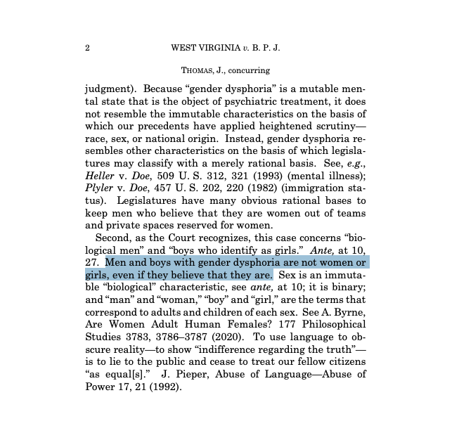 greg_price11's tweet photo. Justice Thomas in his concurring opinion:

"Men and boys with gender dysphoria are not women or girls, even if they believe they are." 🔥 https://t.co/wrD30jZOtP