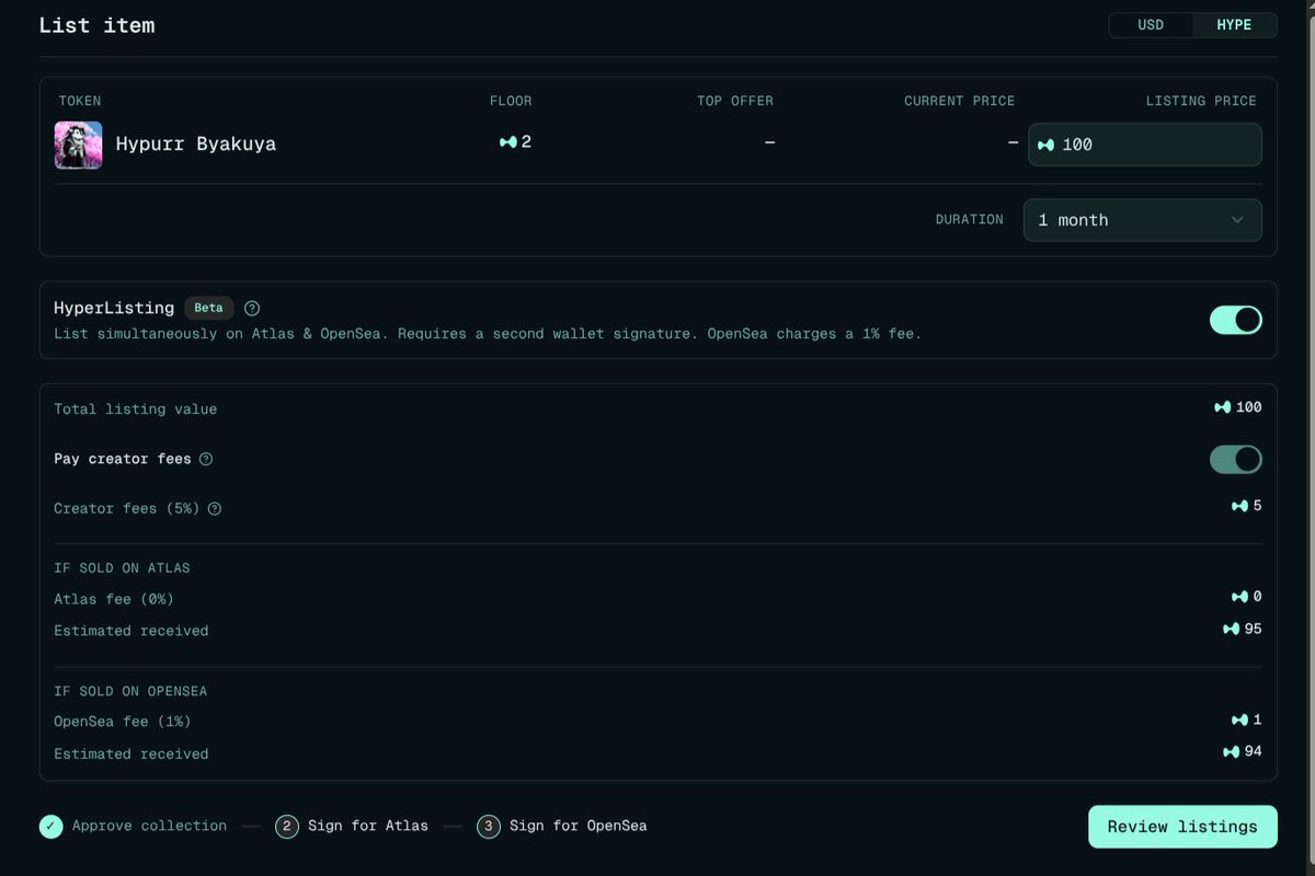 AtlasHL's tweet photo. How to use HyperListing ⚡

1️⃣ Cancel any existing listing on OpenSea
2️⃣ HyperListing on AtlasHL — list once, live on both
3️⃣ Enjoy your holiday 🏖️

That's it. Max visibility, double the reach.

🔗 https://t.co/0nljFV7QAp

https://t.co/r1UeJY56xj