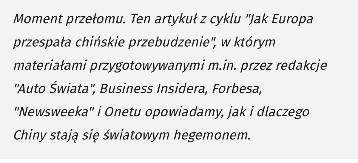 PatrycjaLote's tweet photo. 🇵🇱 🇨🇳 Zwracam Państwa uwagę na dość otwarcie propagandowe i mijające się w wielu miejscach z prawdą promowanie współpracy polsko-chińskiej, które tym razem nie ukazało się - jak można byłoby przypuszczać - w chińskim CGTN czy innym medium związanego z KPCh, a na łamach… Onet Wiadomości. 🫤 

Znamienne, że tekst ukazuje się akurat teraz, kiedy Polska zacieśnia współpracę z 🇹🇼 Tajwanem, a Chiny grożą 🇪🇺 UE zamrożeniem relacji handlowych…

Już tytuł jest dość siermiężny w przekazie i w języku, oraz jest bezpośrednim powtórzeniem chyba najbardziej klasycznej narracji z podręcznika Wydziału Propagandy KC Komunistycznej Partii Chin: w “złych” demokracji ludzie tylko się kłócą, a w krajach “dobrych” takich jak Chiny, ciężko pracują (pod wodzą Partii). 

Z wywiadu dowiadujemy się już na wstępie, ze w Chinach…. nie ma biedy. 🤡 

Nie wiem czy taki mocny wniosek wynika z bezkrytycznej wiary w przekazy emitowane przez chińskie media, małej wiedzy faktycznej o Chinach, czy też z mieszkanki obu czynników, ale w ramach poszerzania horyzontów polecam pooglądać chodźmy materiały Li Yinga (Teacher Li @whyyoutouzhele ), który skrupulatnie dokumentuje trudy zwykłych obywateli Chin, często cenzurowanych przez KPCh i spychanych na margines.

Najlepiej oczywiście byłoby porozmawiać z samymi Chińczykami, po chińsku, bez tłumaczy i “eskorty” i nie na “wycieczce obwoźnej” organizowanej przez ChRL. Ale rozumiem, że to nie takie proste. 😉 

Dalej mamy całe bingo oficjalnego przekazu Wydziału Propagandy KC KPCh, które obecnie powinno być Państwu dobrze znane, bo codziennie podobny przekaz emituje nie tylko Ambasada, ale też “znane i lubiane” kanały prochińskie:

- Europa i Polska bez Chin żyć nie mogą;
- zawoalowane “groźby” - nasza polityka wobec Chin jest szkodliwa dla nas samych;
- Europa zajęta utarczkami, Chiny ciężką pracą;
- wolność słowa to nic ważnego, mocarstwo gospodarcze;
- Polska nie chce lecieć po prośbie do Chin, a powinna bo to szansa na przyszłość;

Reasumując - jak w tytule - Chiny już wygrały, a Polska może co najwyżej ubiegać się o rolę pochlebcy, któremu raz na jakiś czas coś spadnie z pańskiego stołu. Tylko po co taka projekcja własnych - jak mniemam - aspiracji na wszystkich Polaków? Niezrozumiałe. 🤔