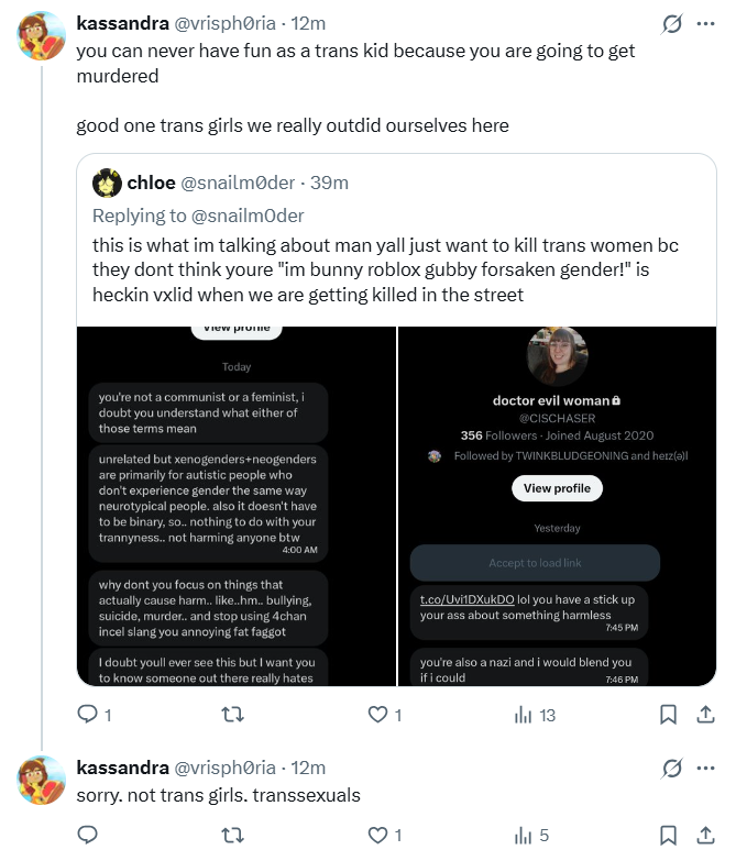 foidmustang's tweet photo. @vrisph0ria @snailm0der Don't read through my words. Is it fine to mock a transsexual woman when she receives death threats? https://t.co/PG1eWBYOeK