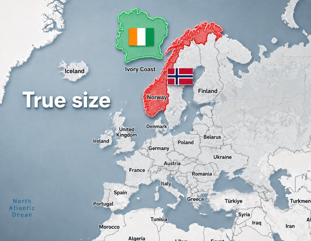theiaincameron's tweet photo. Ivory Coast v Norway is the World Cup Round of 32 match that best shows the absurdity of the Mercator Projection.

Despite Norway being shown on most maps as far larger than Ivory Coast, the two countries are actually almost identically sized. Ivory Coast is 322,463 km², and Norway: 323,802 km².

Stay tuned for more cutting-edge, geography-based World Cup analysis.