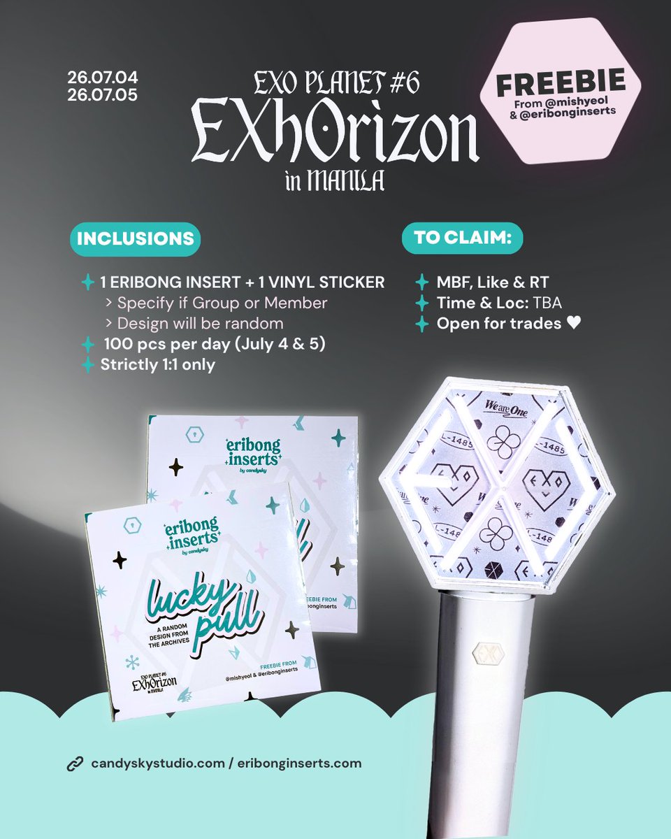 mishyeol's tweet photo. [💖FREEBIE]
#EXO PLANET #6 – #EXhOrizonInManila

✨Eribong Insert Lucky Pull✨
from @mishyeol &amp; @eribonginserts

✦ 1 Eribong Insert + 1 Vinyl
✦ 100 pcs per day (July 4 &amp; 5)
✦ 1:1 only

📌 MBF, Like &amp; RT
📍 Time &amp; Loc: TBA
💌 DM for limited trades

See you, EXO-Ls!🥰💖 https://t.co/tkwCL1tdZC