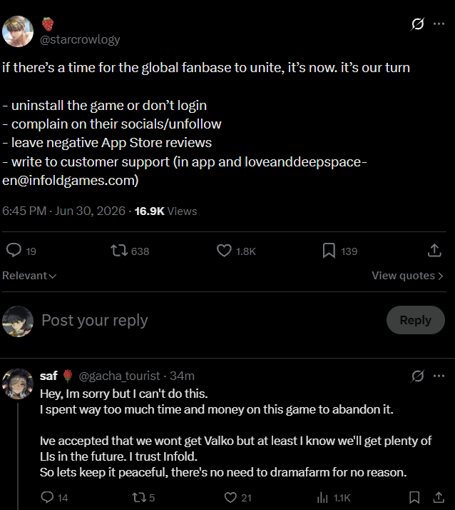 iKaito_1's tweet photo. {News} Love and Deepspace Global Players Are Now Leaving 1-Star Reviews on the App Store & Google Play.

→ The CN and Global communities are now clashing over Valko.

#loveanddeepspace #Gacha