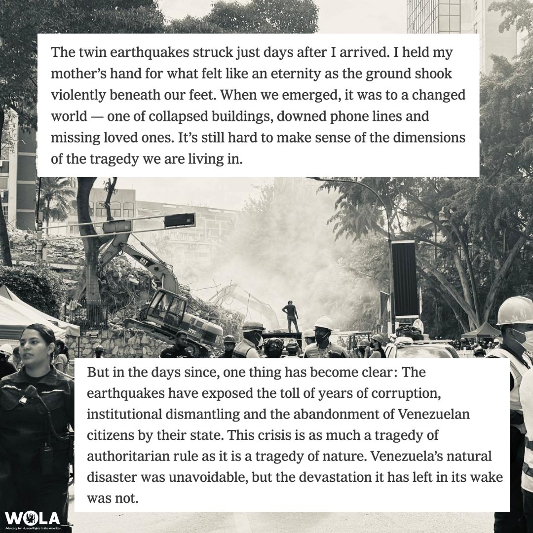 WOLA_org's tweet photo. 🇻🇪 "Venezuela's natural disaster was unavoidable, but the devastation it has left in its wake was not." WOLA President @cjimenezdc was in Venezuela when the earthquakes struck. Her @nytimes op-ed on a disaster compounded by years of authoritarian neglect: https://t.co/6LQ7si7gwq https://t.co/PntA0RB7xt