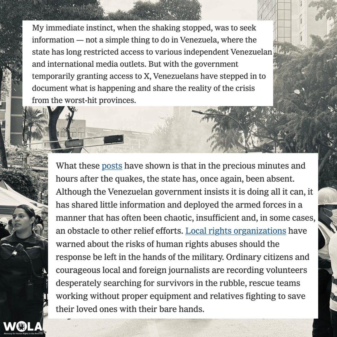 WOLA_org's tweet photo. 🇻🇪 "Venezuela's natural disaster was unavoidable, but the devastation it has left in its wake was not." WOLA President @cjimenezdc was in Venezuela when the earthquakes struck. Her @nytimes op-ed on a disaster compounded by years of authoritarian neglect: https://t.co/6LQ7si7gwq https://t.co/PntA0RB7xt
