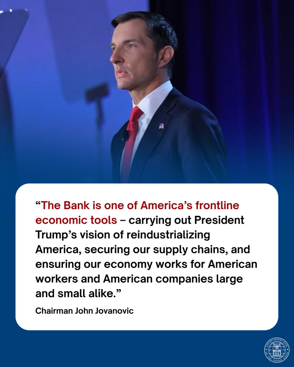 EximBankUS's tweet photo. Rebuilding American industry starts with strong economic tools. 🇺🇸

Under @POTUS, EXIM is helping strengthen supply chains, support American workers, and ensure U.S. companies can compete and win around the world. https://t.co/PxM4uM3bIL