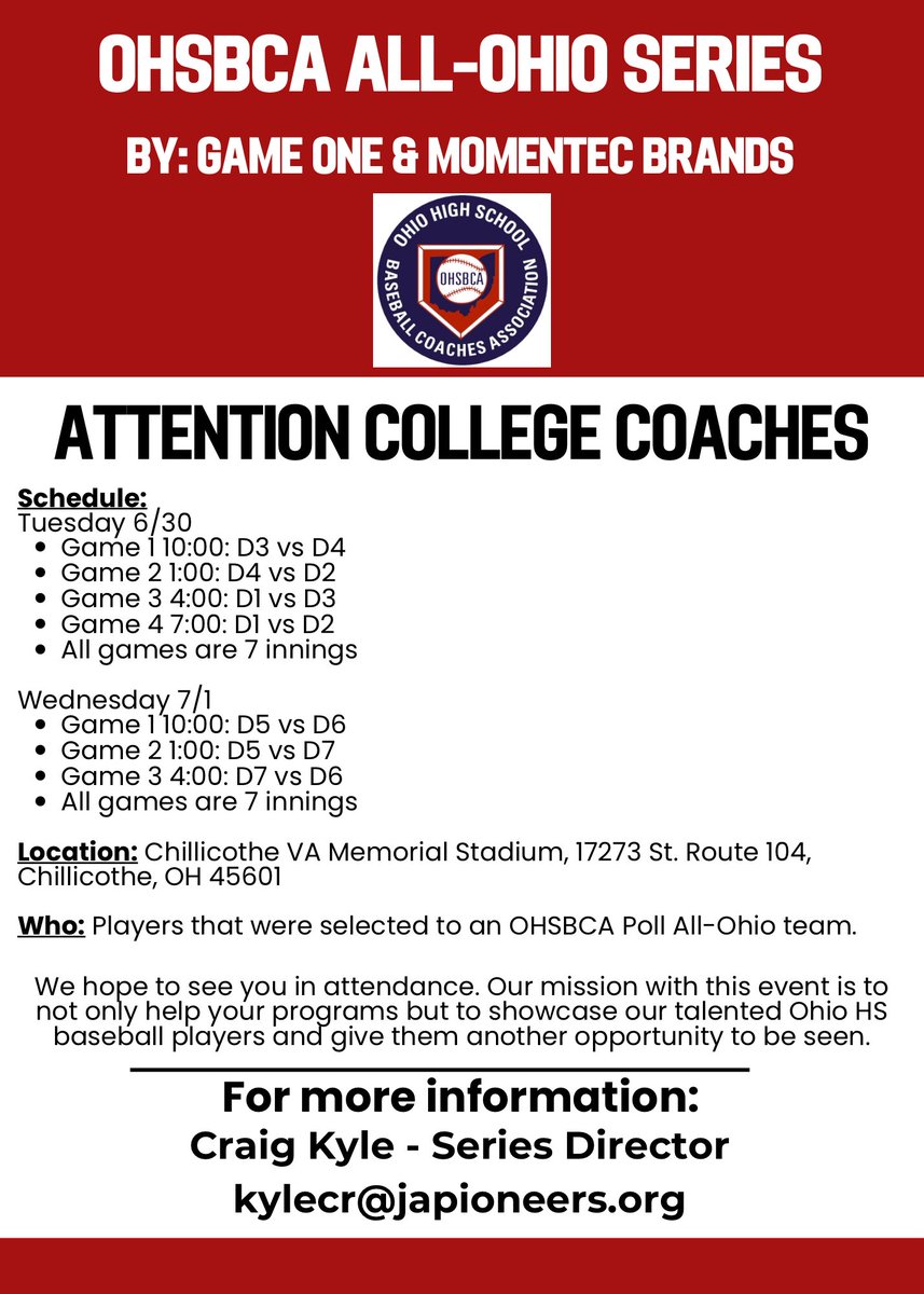 OHSBCAwebmaster's tweet photo. We are now underway in Chillicothe!
Come out and join us for some of the best players in Ohio! ⚾️ https://t.co/qBsYMp5Pdh