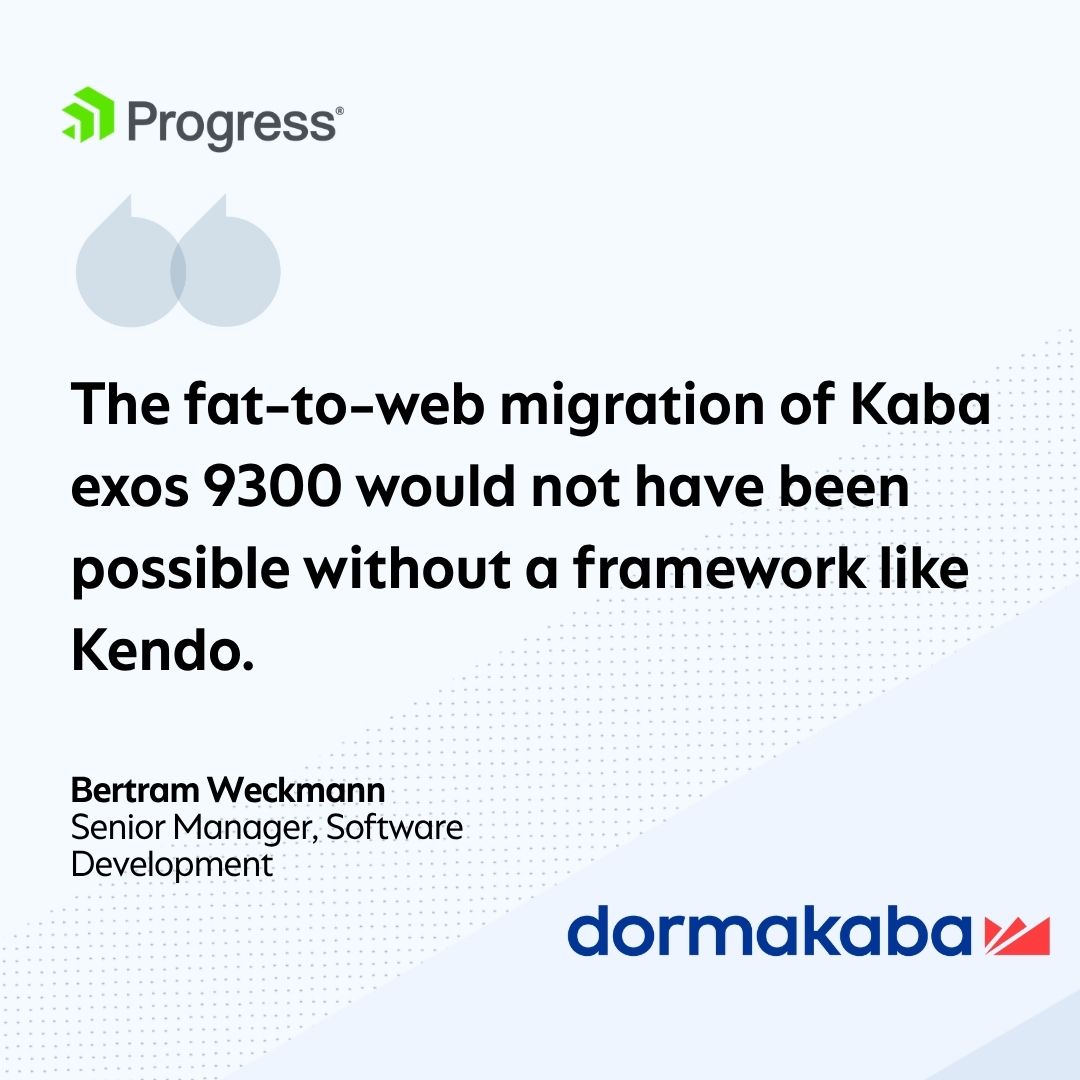 ProgressSW's tweet photo. @dormakaba modernized its Kaba exos 9300 access control platform using Progress KendoReact(@KendoUI) &amp; @Telerik. The move to a centralized web architecture streamlined deployment &amp; reduced operational complexity.

See how they did it: https://t.co/EEMhA95WuY https://t.co/IiUQtSos7y
