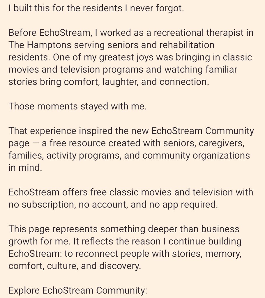 EchoStreamTV's tweet photo. I built this for the residents I never forgot! ❤️ Before EchoStream, I worked in the Hamptons as a recreational therapist serving seniors and rehabilitation residents. Classic movies &amp; television brought comfort, laughter, memory and connection. 
Explore: https://t.co/YYdzyLUwOF https://t.co/Wz7o2i5yjP