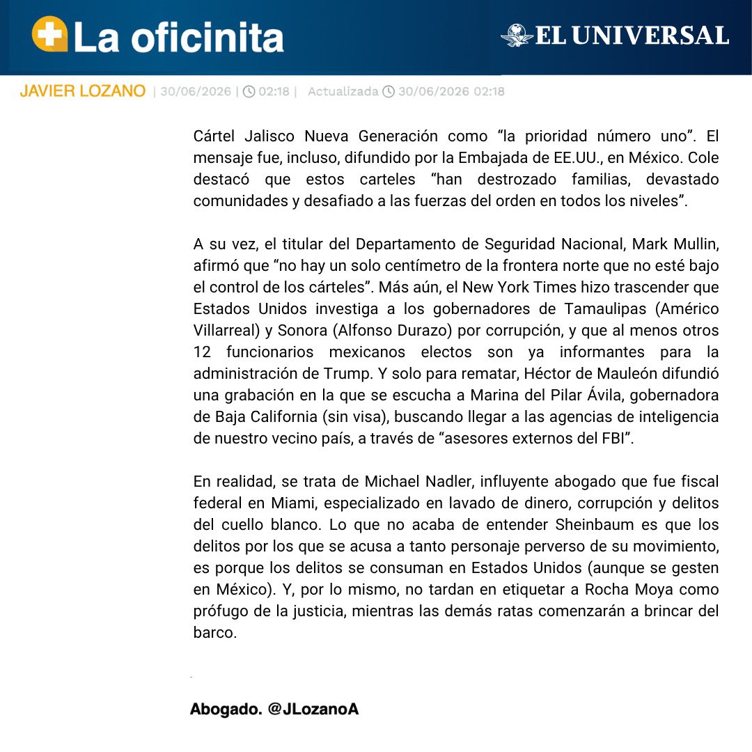 JLozanoA's tweet photo. 🚨La presidente @Claudiashein insiste en ignorar y minimizar las señales y peticiones de Estados Unidos por la burda alianza entre gobierno, crimen organizado y narcopoloticos. Pero la presión crece y desbordará pronto. 

Mi artículo para @El_Universal_Mx 

Ayúdenme a difundirlo. https://t.co/u86DT0HXto