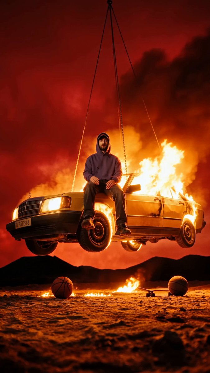 SebJefferies's tweet photo. Nano Banana prompt 🔥

3D: A man with a beard and a hoodie sits on a burning car suspended in the air, with a fiery red sky and smoke in the background. https://t.co/Zb5pqAgmwQ