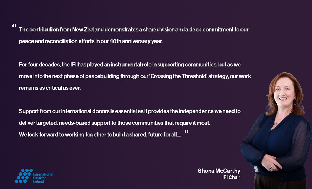FundforIreland's tweet photo. Our Chair Shona McCarthy welcomes support from New Zealand as they continue to share our commitment to peacebuilding in Northern Ireland and the southern border counties. https://t.co/yUc0XanTr6