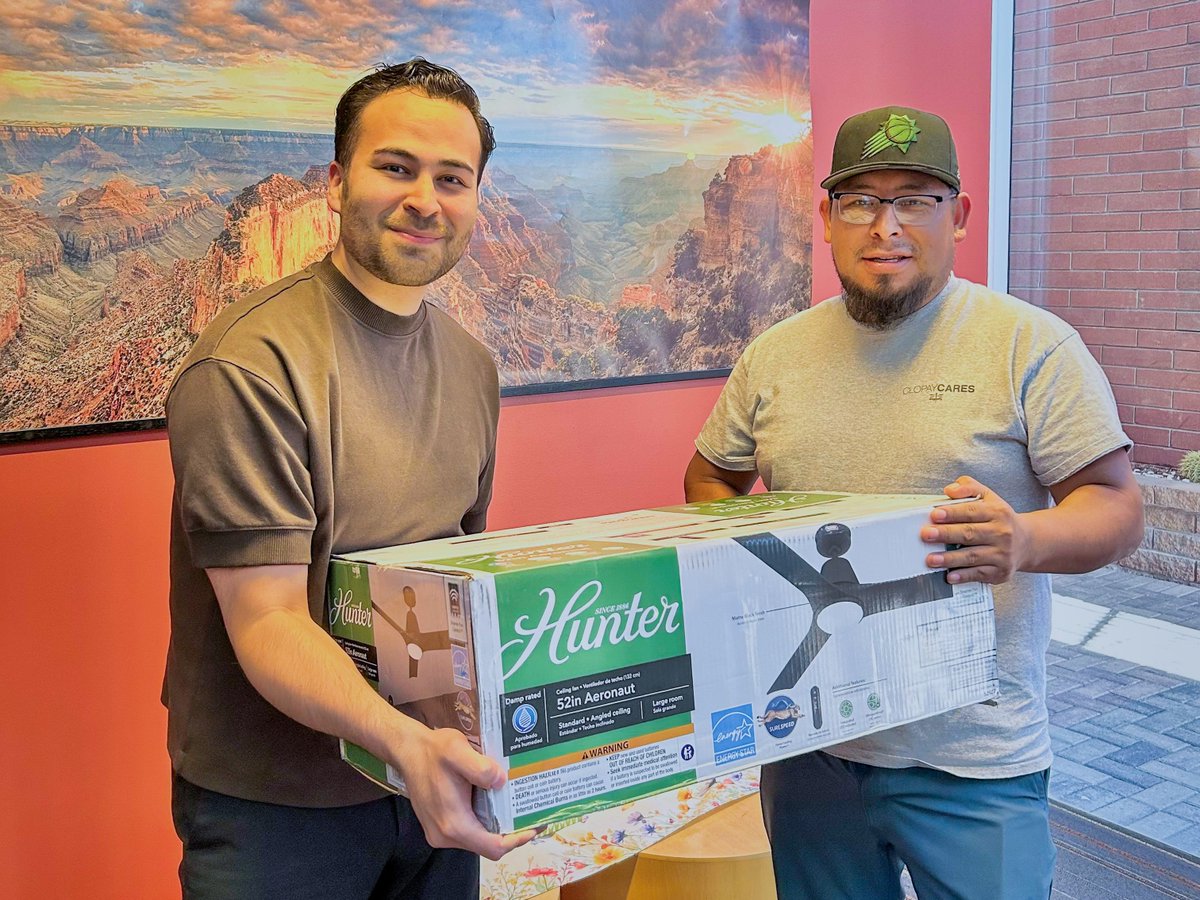 ClopayDoor's tweet photo. To celebrate the launch of our new C-Power™ Technology, we kicked things off by partnering with Hunter Fan Company to gift our own Juan R. a brand-new outdoor smart fan. We're spreading the love to give away 3 ultimate outdoor comfort bundles! Enter now: https://t.co/O7RzkNXVrd https://t.co/Wk6cjIGCbB