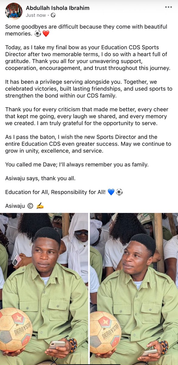 Alfabdullah_'s tweet photo. Two terms. Unbeaten. A legacy of 100% victories.

The final whistle has blown. I leave with a grateful heart, unforgettable memories, and deep appreciation for every one of you.

Thank you, Education CDS. ❤️⚽ https://t.co/dVCkTrg9Zw
