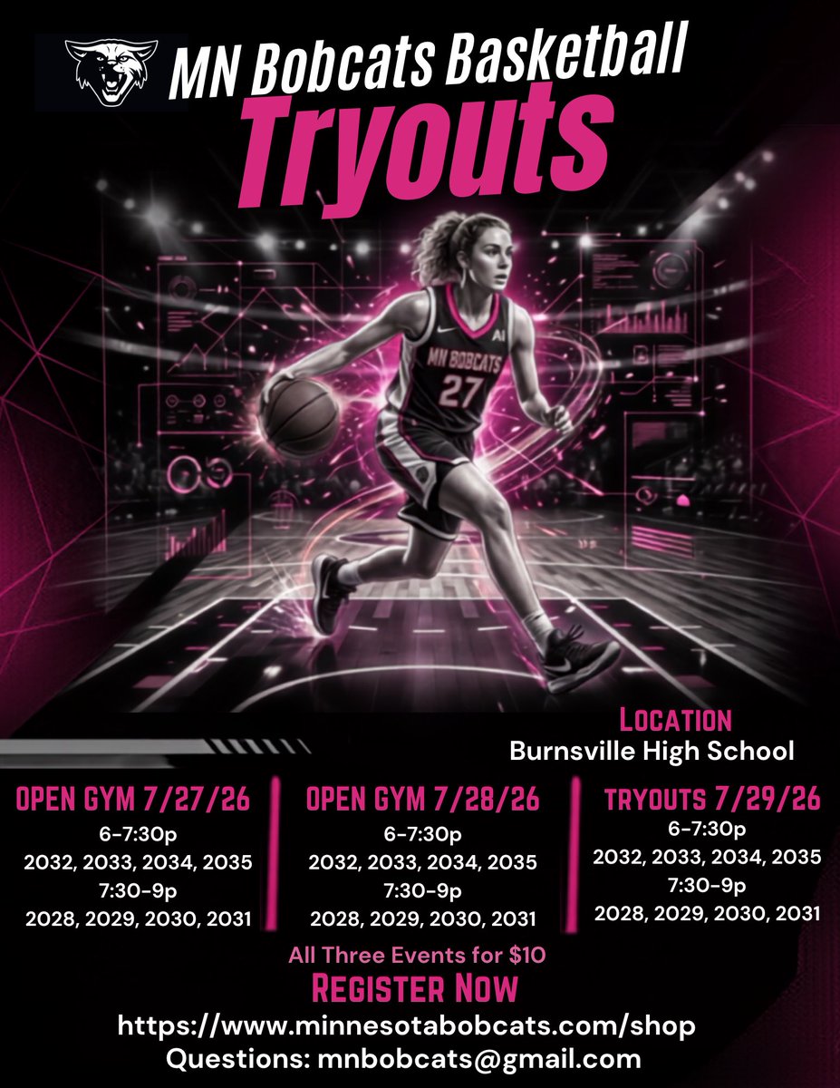 MnBobcats's tweet photo. Open gym and tryout dates are set, don’t miss this opportunity to join one of the fastest growing programs in the metro area!  Come see what we are all about.  #RollCats #OurFamily https://t.co/Df7xLjub7t
