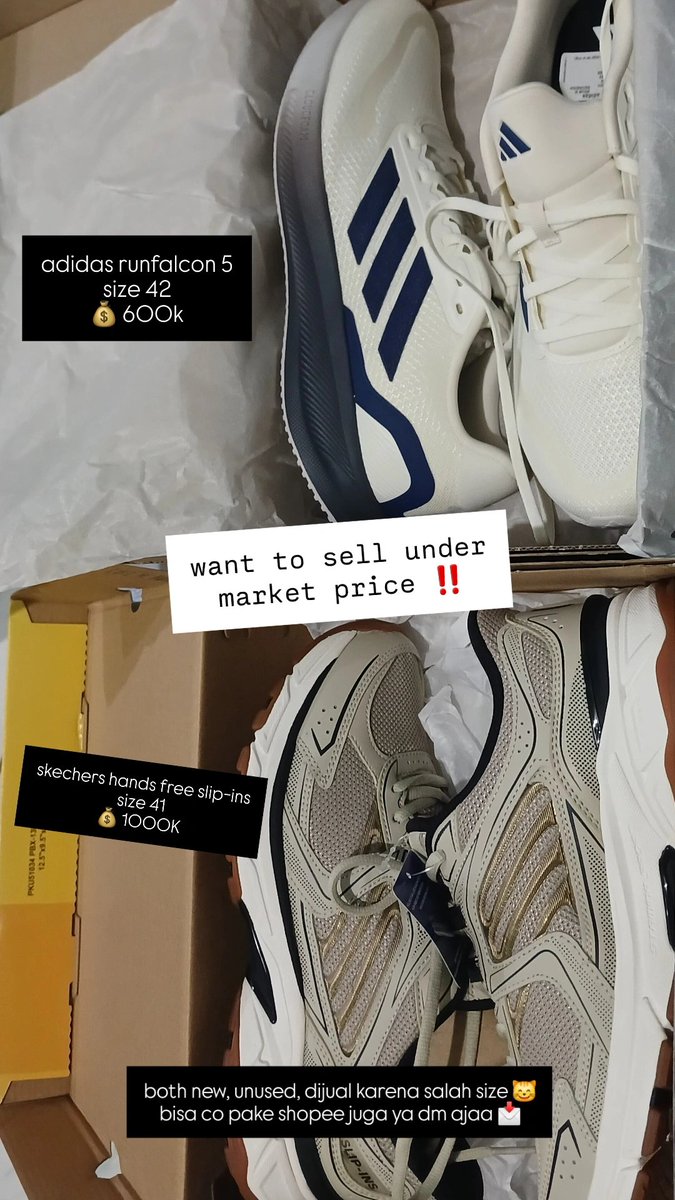 echanskuy's tweet photo. wts adidas runfalcon 5 &amp; skechers hands free slips-in, masih baru buanget, gaperna dipake karena salah size. bisa by shopee yaa rep aja buat tanya tanya atau hit dm or wa di bio 🫰 https://t.co/WyVqG8AxI6