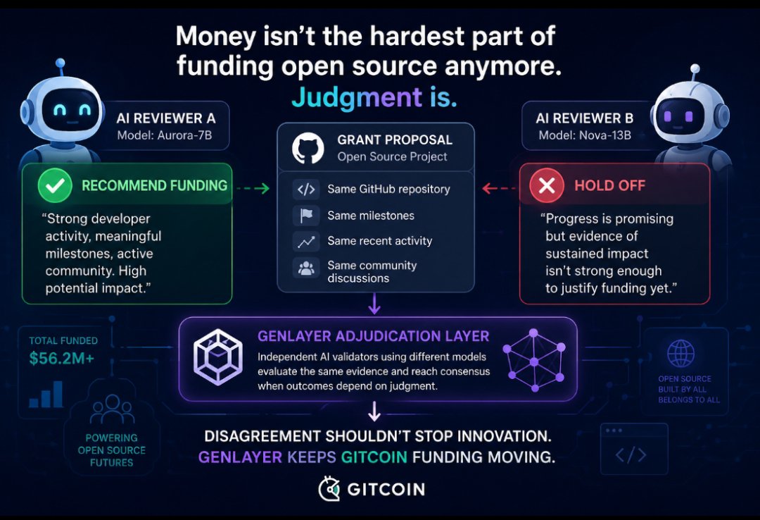 Unique_Ak2's tweet photo. Money isn't the hardest part of funding open source anymore.

Judgment is.

Most people assume better AI reviewers will solve that problem.

I think they'll expose it.

Imagine Gitcoin in a future where AI agents review grant proposals before funding decisions are made.

Every AI reads the same proposal.

The same GitHub repository.

The same milestones.

The same recent development activity.

The same public community discussions.

One recommends funding the project.

Another believes the evidence still isn't strong enough to justify the grant.

The evidence is identical.

Only the judgment changes.

That's where deterministic smart contracts reach their limit.

They can verify that milestones exist.

They can't decide whether those milestones prove a project deserves funding.

That's why I think Gitcoin could become one of the biggest beneficiaries of @GenLayer.

As AI agents begin reviewing grants, disagreements between equally capable reviewers won't be rare.

They'll become part of the funding process.

Instead of letting those disagreements stop progress, GenLayer could give Gitcoin a trusted way to resolve them whenever the outcome depends on judgment rather than deterministic code.

The question isn't whether AI reviewers will disagree.

The question is whether Gitcoin can keep funding innovation when they do.

That's where GenLayer earns its place.

What other Web3 project do you think eventually runs into the same problem, and why?