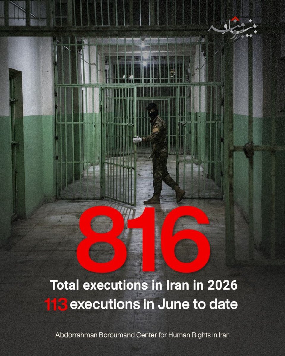 IranRights_org's tweet photo. 🔴The Islamic Republic of Iran has carried out at least 816 executions so far in 2026, of which 111 occurred in June. 

🔸The actual number of executions is likely significantly higher as Iran withholds data on executions to avoid public scrutiny. Reported executions have continued to rise following the partial restoration of the 88-day internet blackout on May 26, as information continues to emerge about executions carried out during the blackout that began in February.