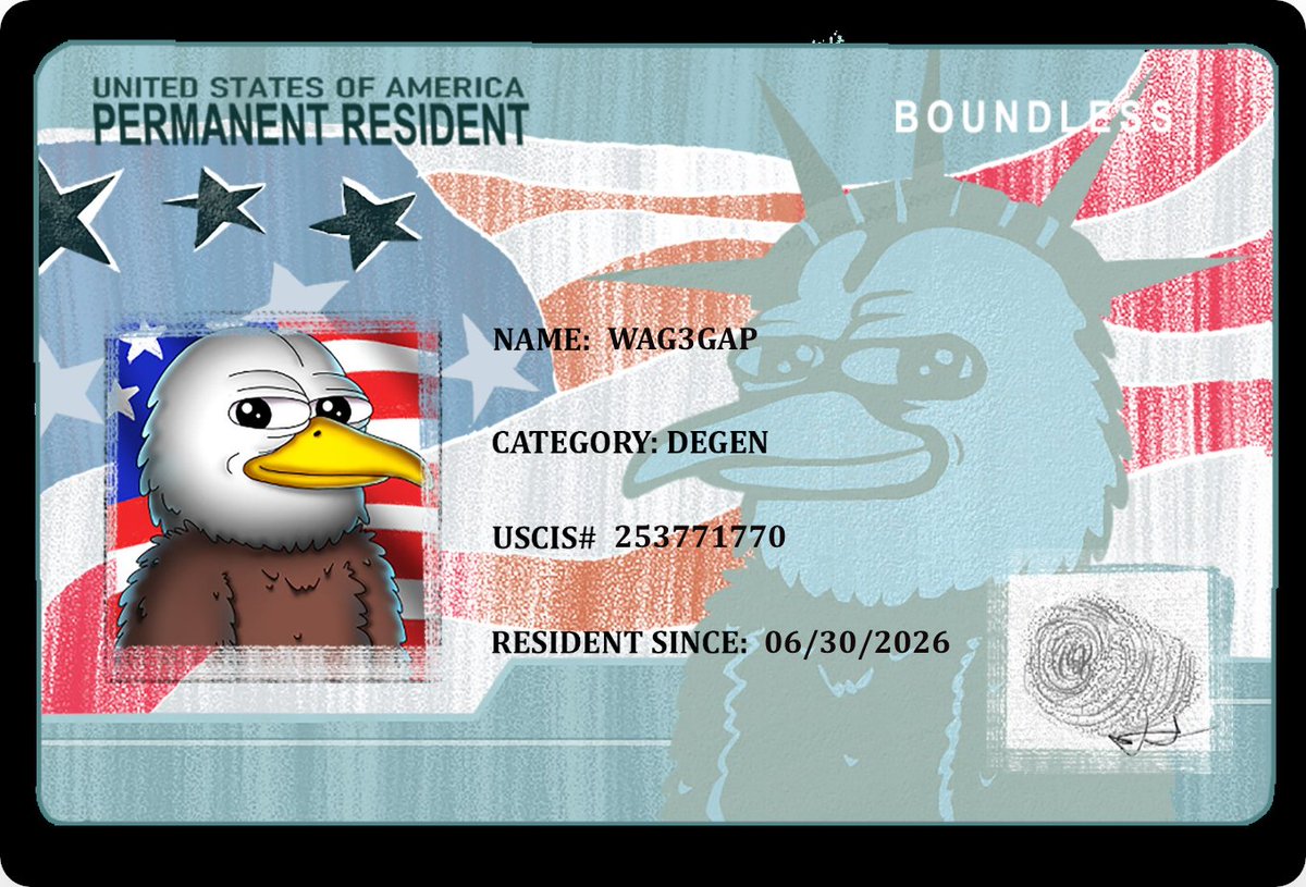 Wag3Gap's tweet photo. I just claimed my OLDABE Permanent Resident card 🦅🇺🇸

Claim yours 👉 https://t.co/BbZKzCLG2m

@AbeEagleNft https://t.co/pfkT2gUbLW