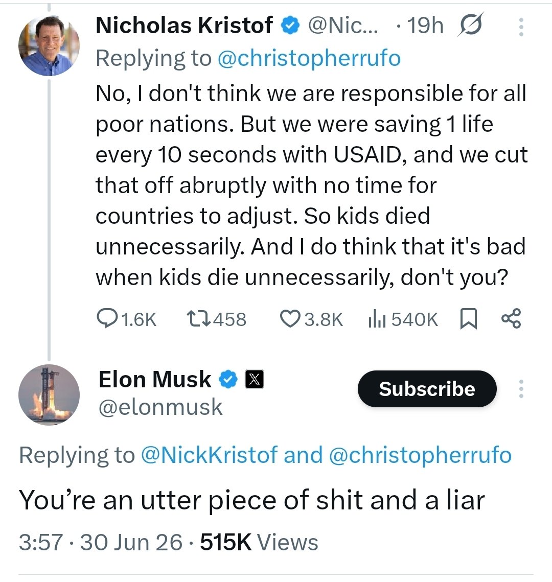 I_amMukhtar's tweet photo. Elon challenged everyone to name someone who was killed by his DOGE cuts to USAID. Nicholas Kristof, who did the study, accepted the challenge.

Instead of explaining why Kristof was incorrect, he responded with personal abuse.

He is clearly rattled. https://t.co/rfISypfWMx