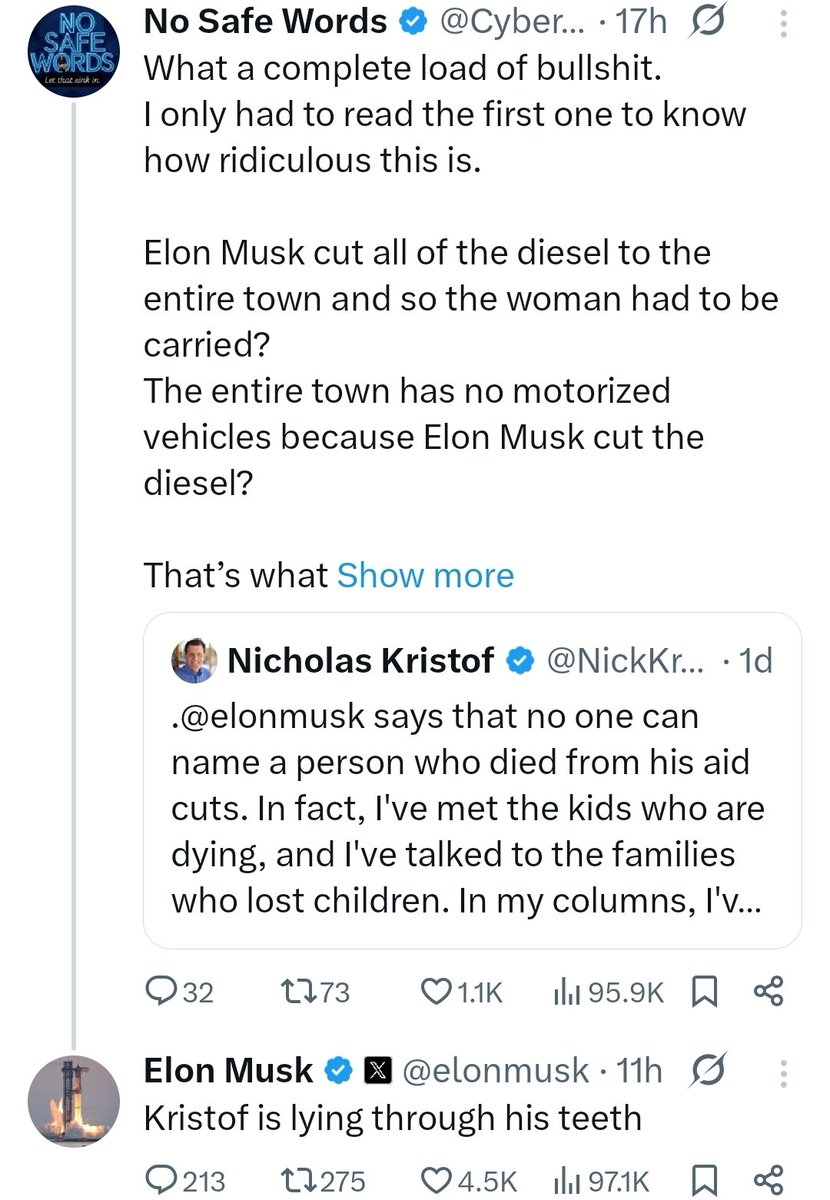 I_amMukhtar's tweet photo. Elon challenged everyone to name someone who was killed by his DOGE cuts to USAID. Nicholas Kristof, who did the study, accepted the challenge.

Instead of explaining why Kristof was incorrect, he responded with personal abuse.

He is clearly rattled. https://t.co/rfISypfWMx
