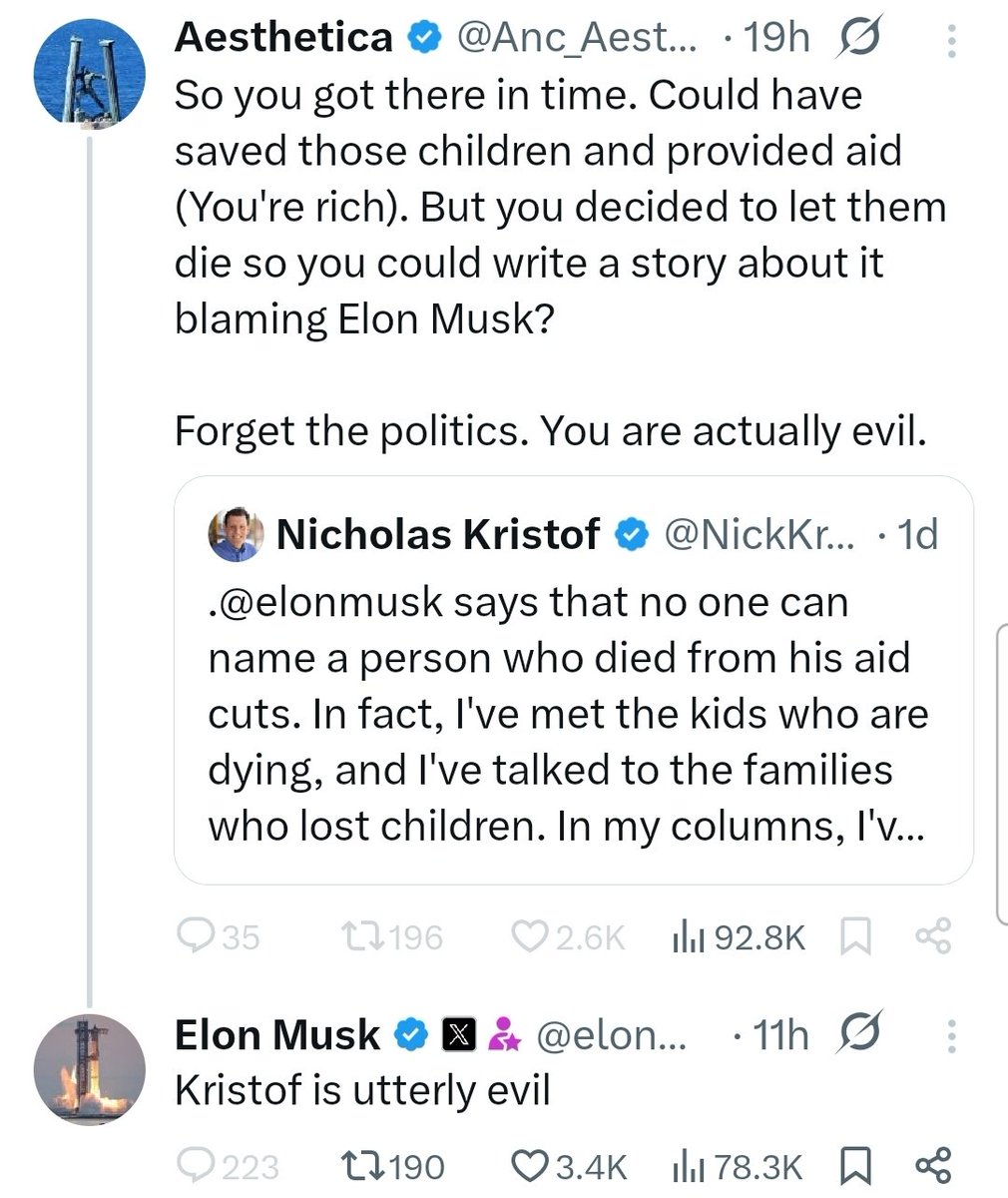 I_amMukhtar's tweet photo. Elon challenged everyone to name someone who was killed by his DOGE cuts to USAID. Nicholas Kristof, who did the study, accepted the challenge.

Instead of explaining why Kristof was incorrect, he responded with personal abuse.

He is clearly rattled. https://t.co/rfISypfWMx