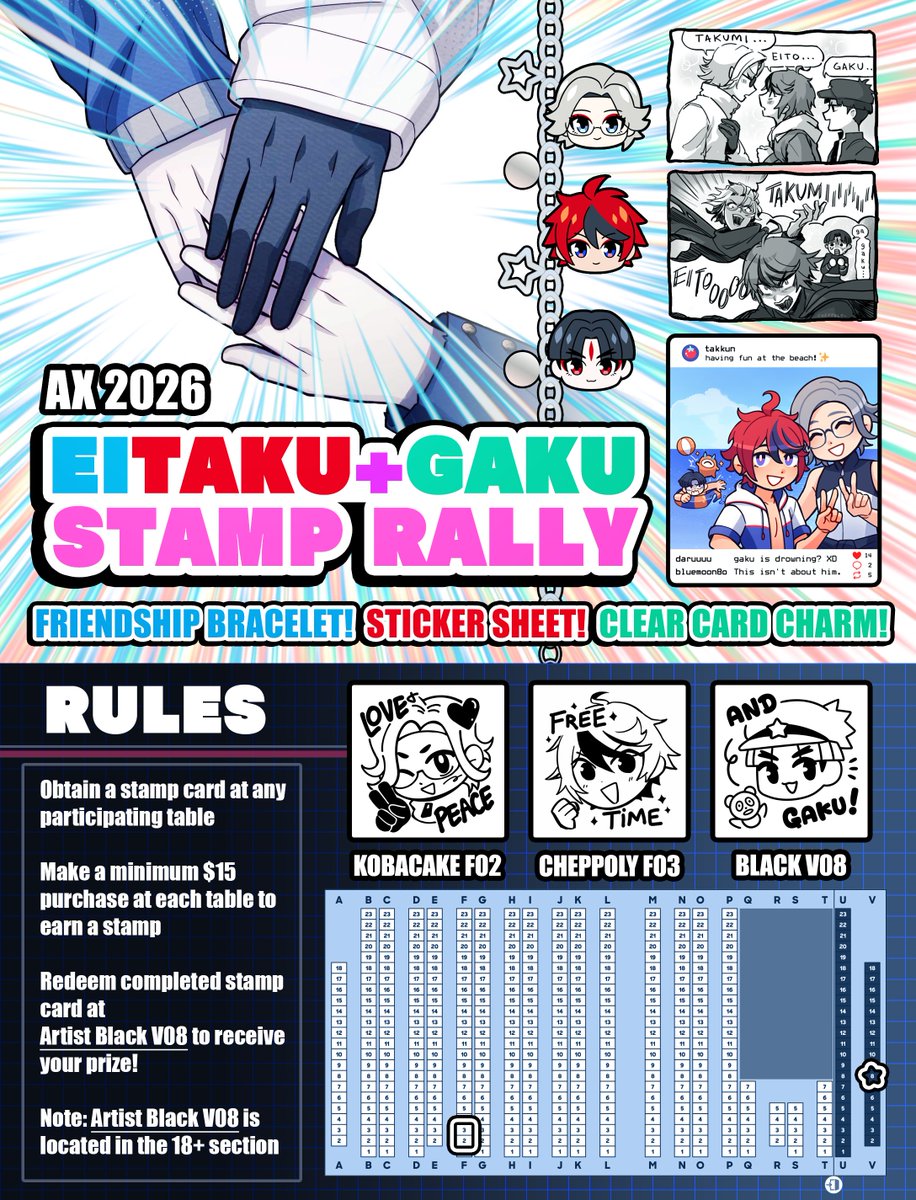 artist_black's tweet photo. 🌙🌊AX 2026 STAMP RALLY🌊🧢

Hey guys when you ship Eitaku can you include Gaku too thanks!! 

Prize pack includes: friendship bracelet, sticker sheet, and a clear card charm!

#AX2026 #axartistalley2026 https://t.co/bkCNqaETeT